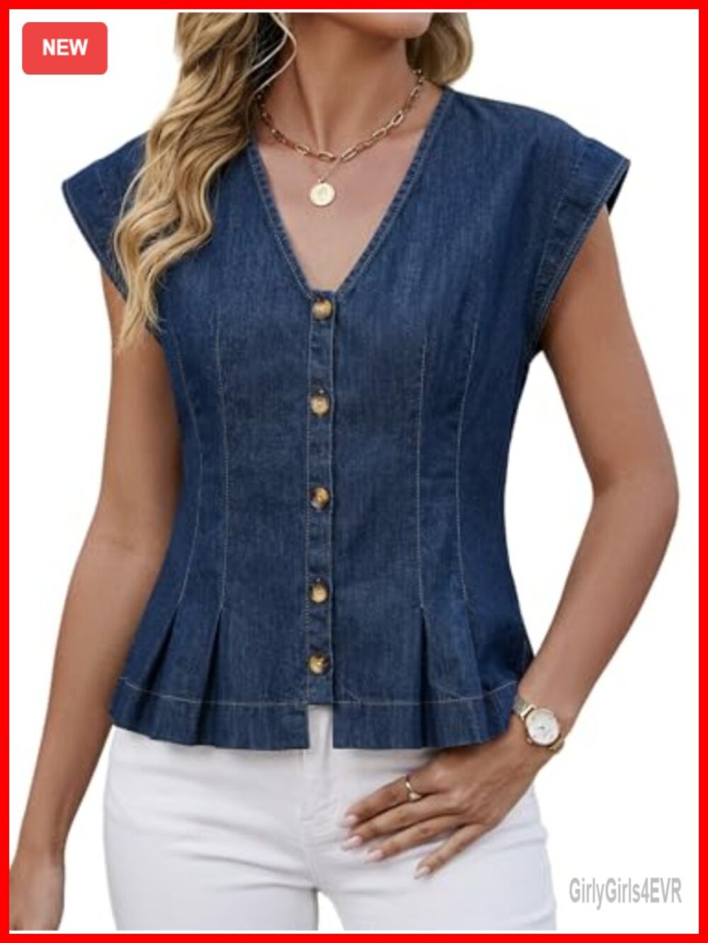 Womens 100% Cotton V-Neck Crop Tank Top Cap Sleeve Button Down Shirt